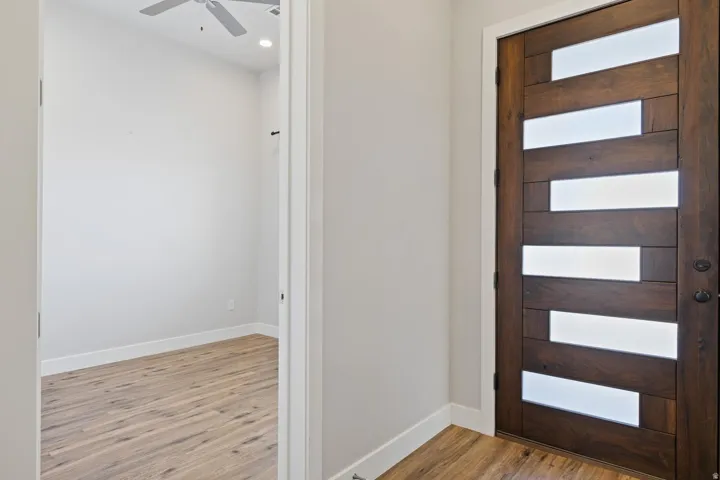 Modern entryway door with frosted glass inserts
