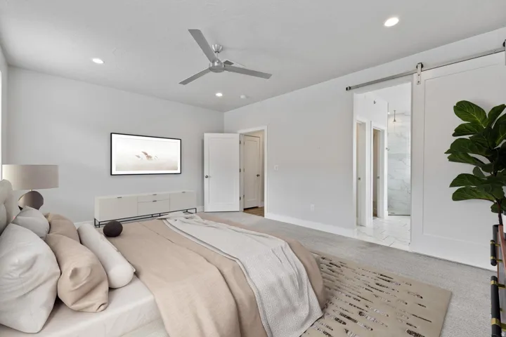 Recessed lighting, ceiling fan, carpet flooring, flat panel door, and barn door entry