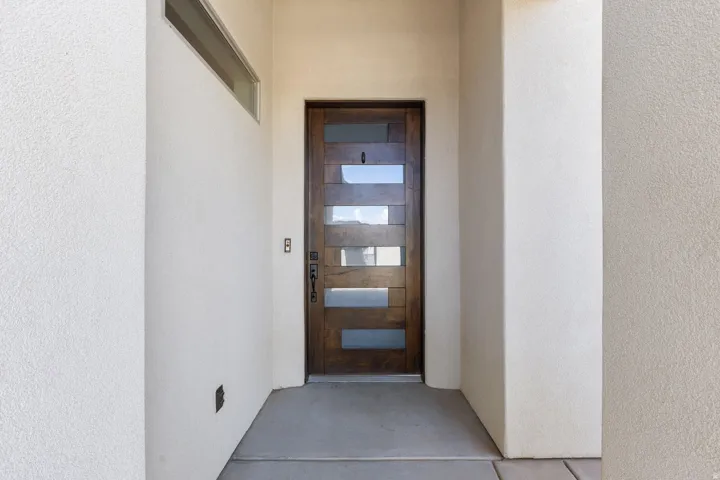 Modern entry door with horizontal frosted glass inserts, dark wood finish, and an elongated black handle