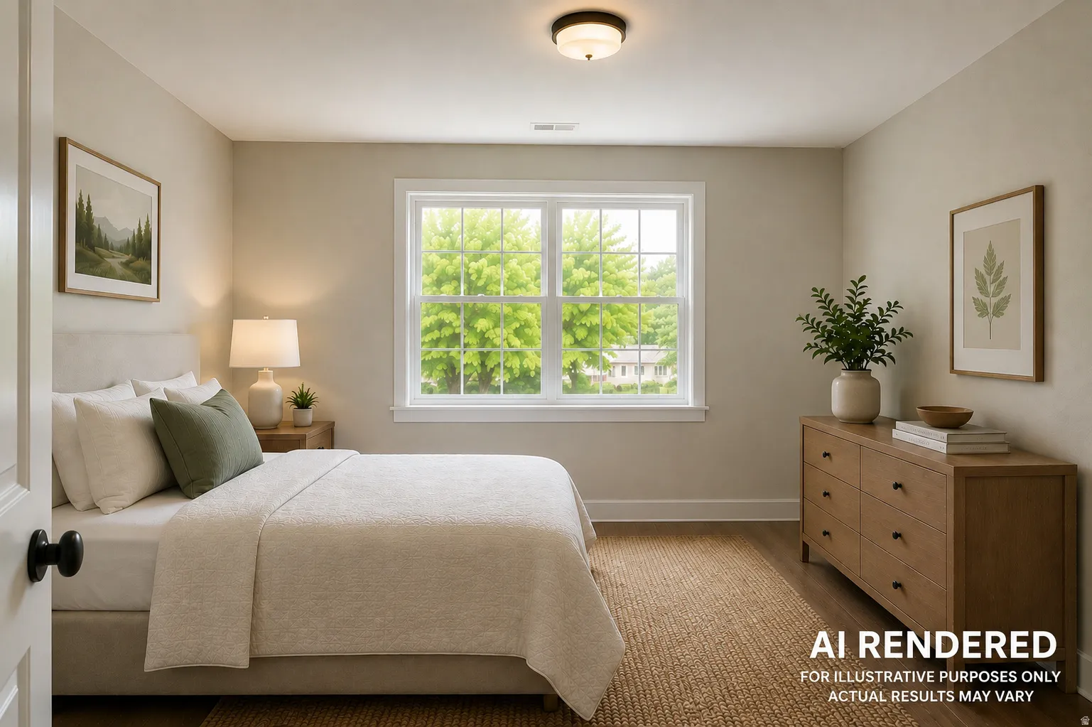 Wood-finish flooring with a modern flush mount ceiling light fixture