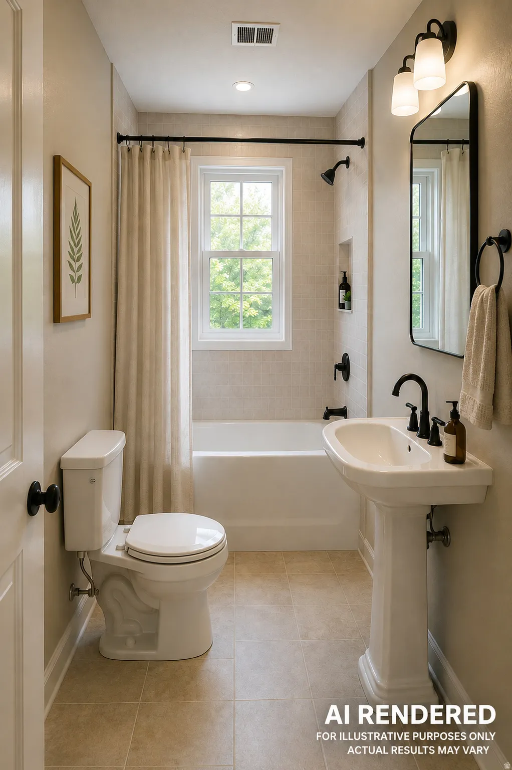 Pedestal sink with matte black hardware, tiled flooring, built-in shower niche, and a window with natural light