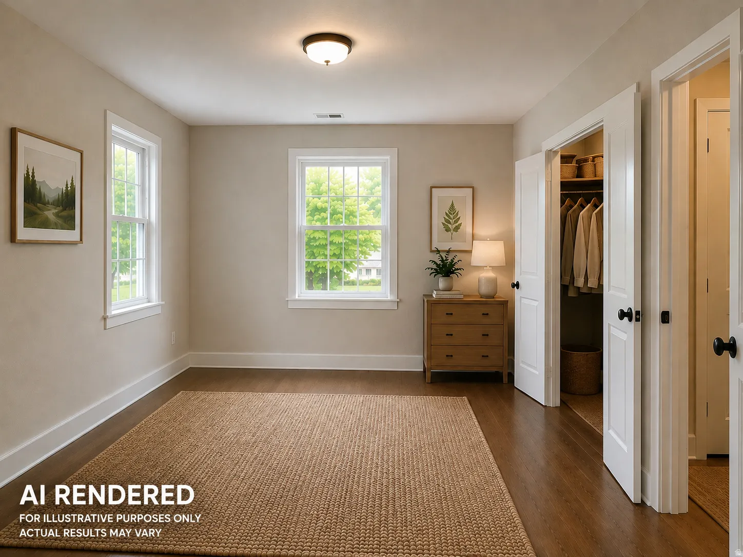 Bright interior with two windows, wood-finish flooring, white trim, and a built-in closet with double doors