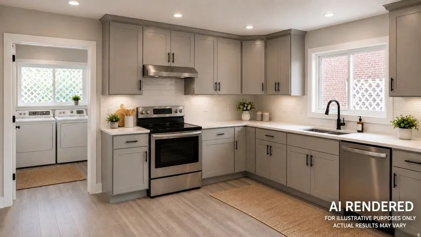 Kitchen featuring light gray cabinetry, stainless steel appliances, light countertops, subway tile backsplash, and wood-finish flooring
