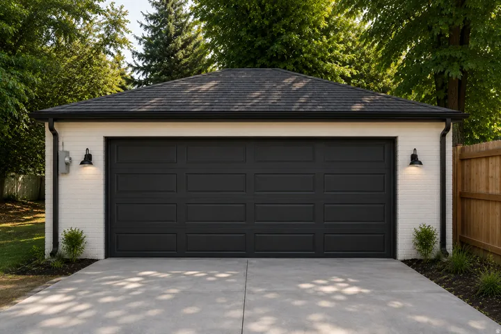 Detached garage featuring a dark panel garage door, white brick exterior, black gutters, and a shingle roof