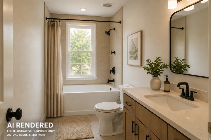 Built-in bathtub with black fixtures, wall-mounted light fixture, wood-finish vanity with a single sink, light-colored countertop, and a framed mirror