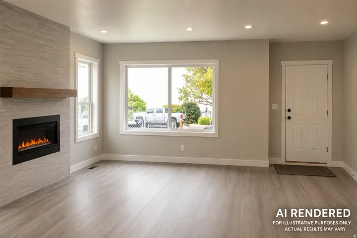 Fireplace with a wood mantle, light-toned walls, recessed lighting, and wood-finish flooring