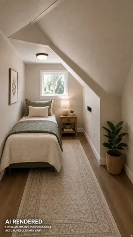 Compact room featuring sloped ceilings, a single window, and wood-finish flooring