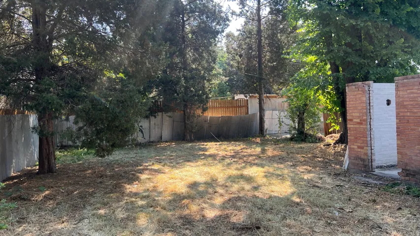 Fenced yard with mature trees, brick architectural elements, and varied fencing