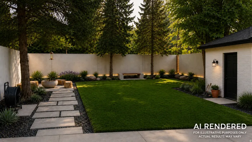 Expansive lawn area with a stone paver pathway, mature trees, and an exterior brick structure