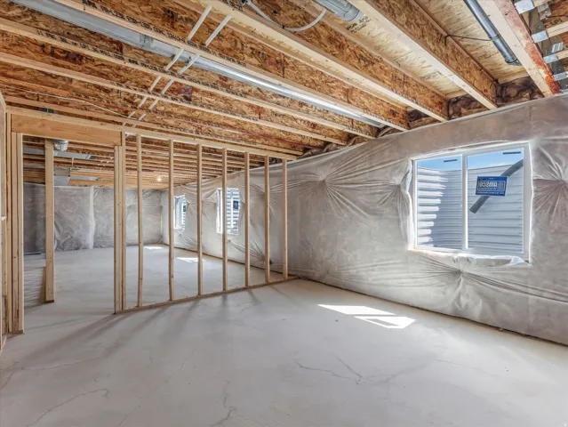 Unfinished basement with concrete flooring and exposed wood framing