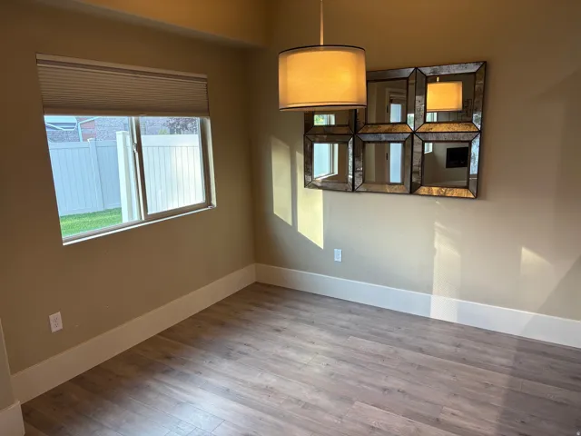 Wood-finish flooring, single window with cellular blinds, and a drum pendant light fixture