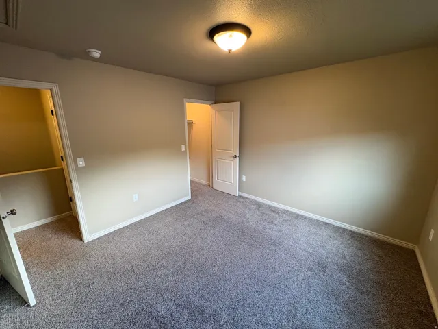 Neutral tone wall paint, carpeted flooring, built-in closet shelving, and a flush mount ceiling light fixture