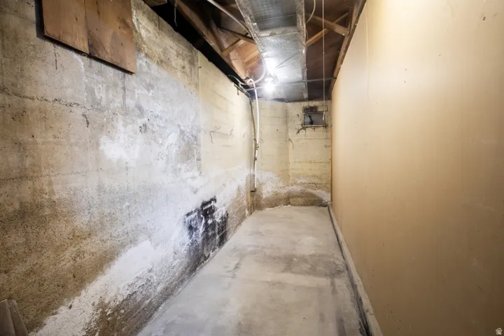 Concrete flooring, exposed ceiling joists, and a wall-mounted light fixture