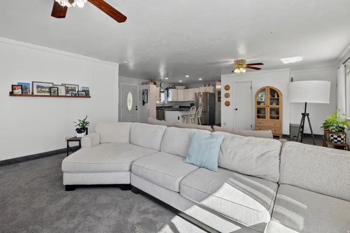Spacious living area with ceiling fan, wood-finish shelving, and gray carpeting