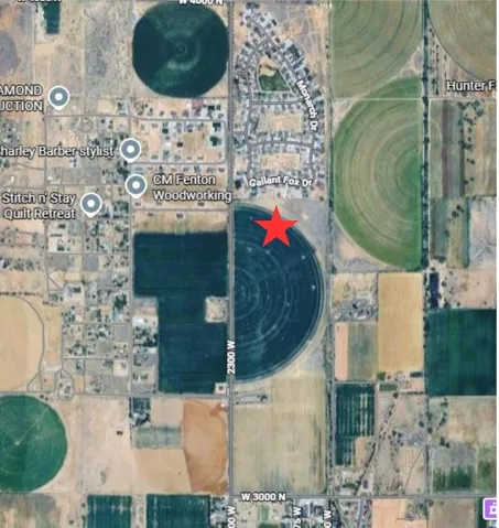 Aerial Map. Identifying the location of the property with a red star and displaying surrounding land use and roads