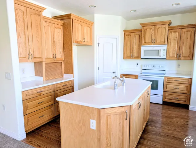 Kitchen featuring natural wood cabinetry, central island with an integrated sink, quartz countertops, and wood-finish flooring