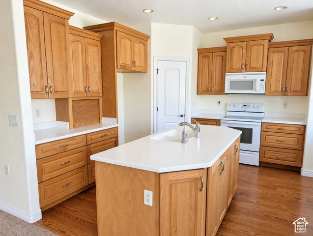 Kitchen featuring wood cabinetry, white countertops, a central island with an integrated sink, and wood-finish flooring