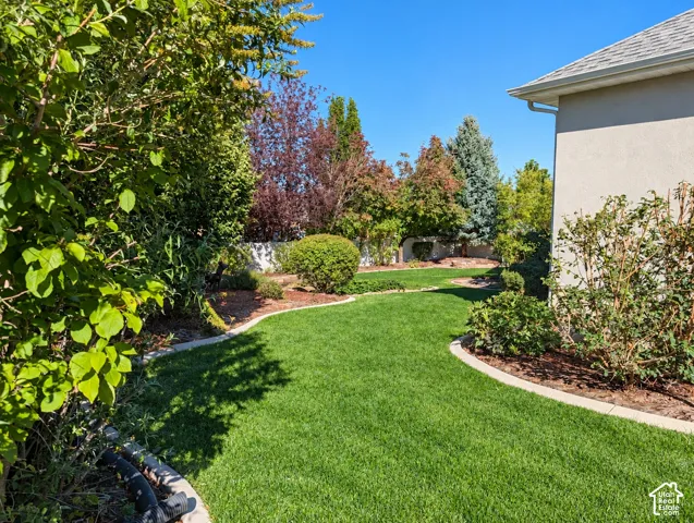Backyard featuring a manicured lawn, curved concrete landscape curbing, established trees, and shrubbery