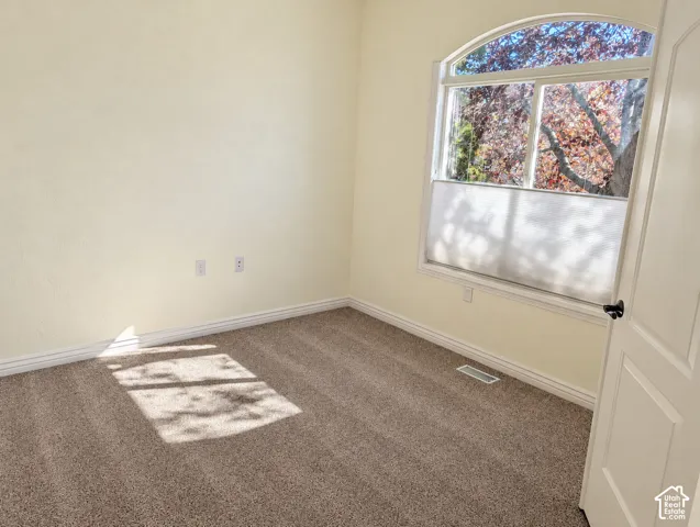 Room featuring neutral-toned carpeting and an arched window