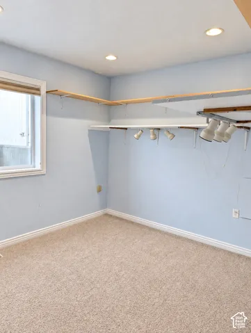 Room featuring recessed lighting, wall-mounted adjustable track lighting, neutral carpeting, and multi-level built-in shelving