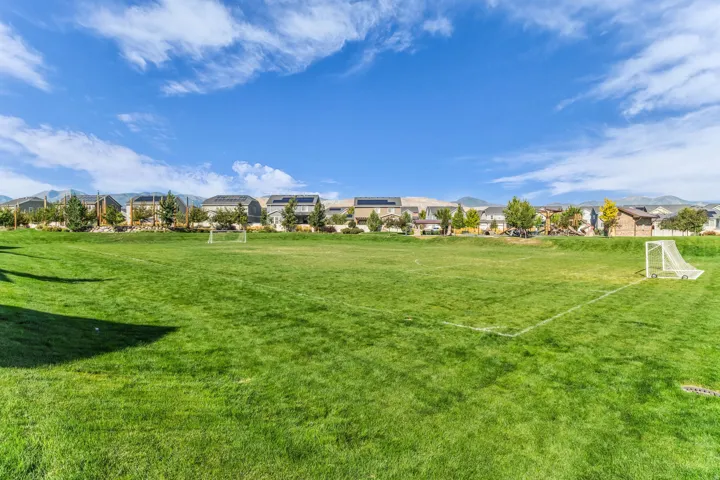 Expansive grassy field with marked lines and soccer goals, bordered by residential structures