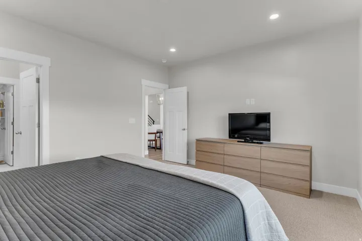 Neutral wall color, recessed lighting, white trim, flat panel doors, and carpet flooring