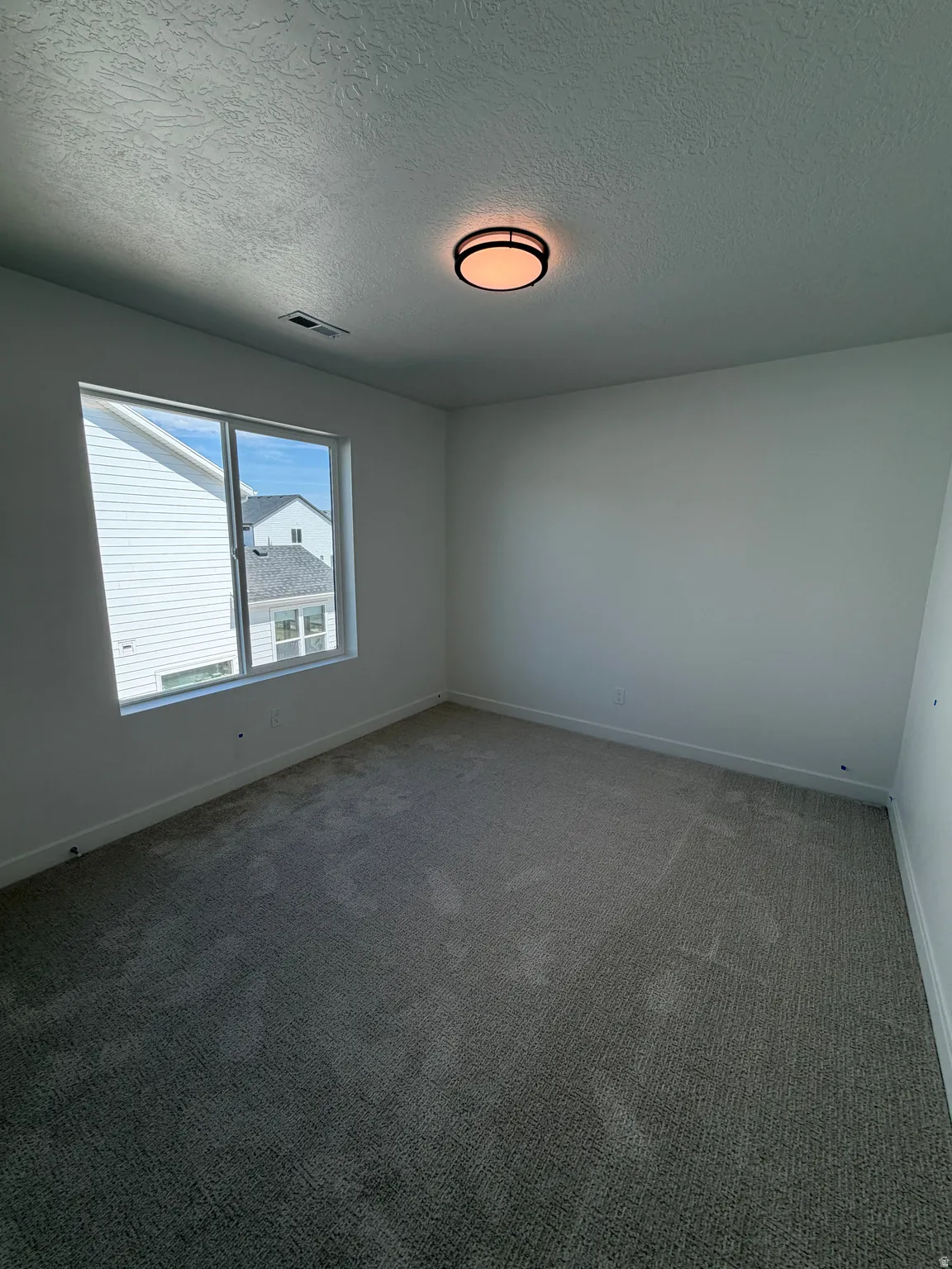 Carpeted room with a flush-mount ceiling light and a multi-pane window