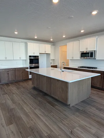 Spacious kitchen featuring an expansive center island with a sink, wood-finish flooring, recessed lighting, and stainless steel appliances