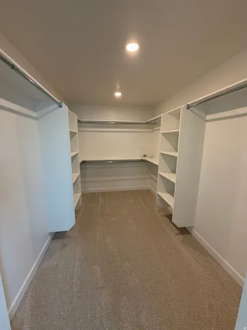Primary Bedroom walk-in closet. Recessed lighting, built-in shelving, hanging rods, and neutral-toned carpeting
