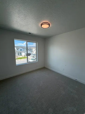 Recessed window, textured ceiling, flush mount light fixture, wall-to-wall carpeting, painted walls