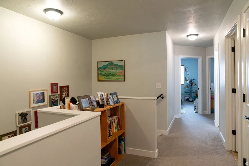 Wall-mounted handrail, recessed lighting, and light gray wall paint