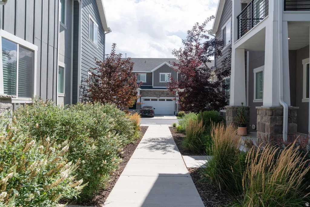 Concrete walkway framed by manicured shrubs and ornamental grasses