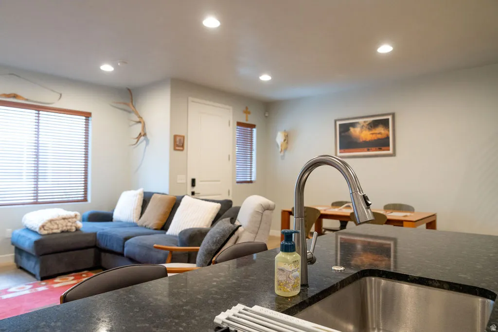 Kitchen island with a stainless steel undermount sink, gooseneck pull-down faucet, and dark stone countertop