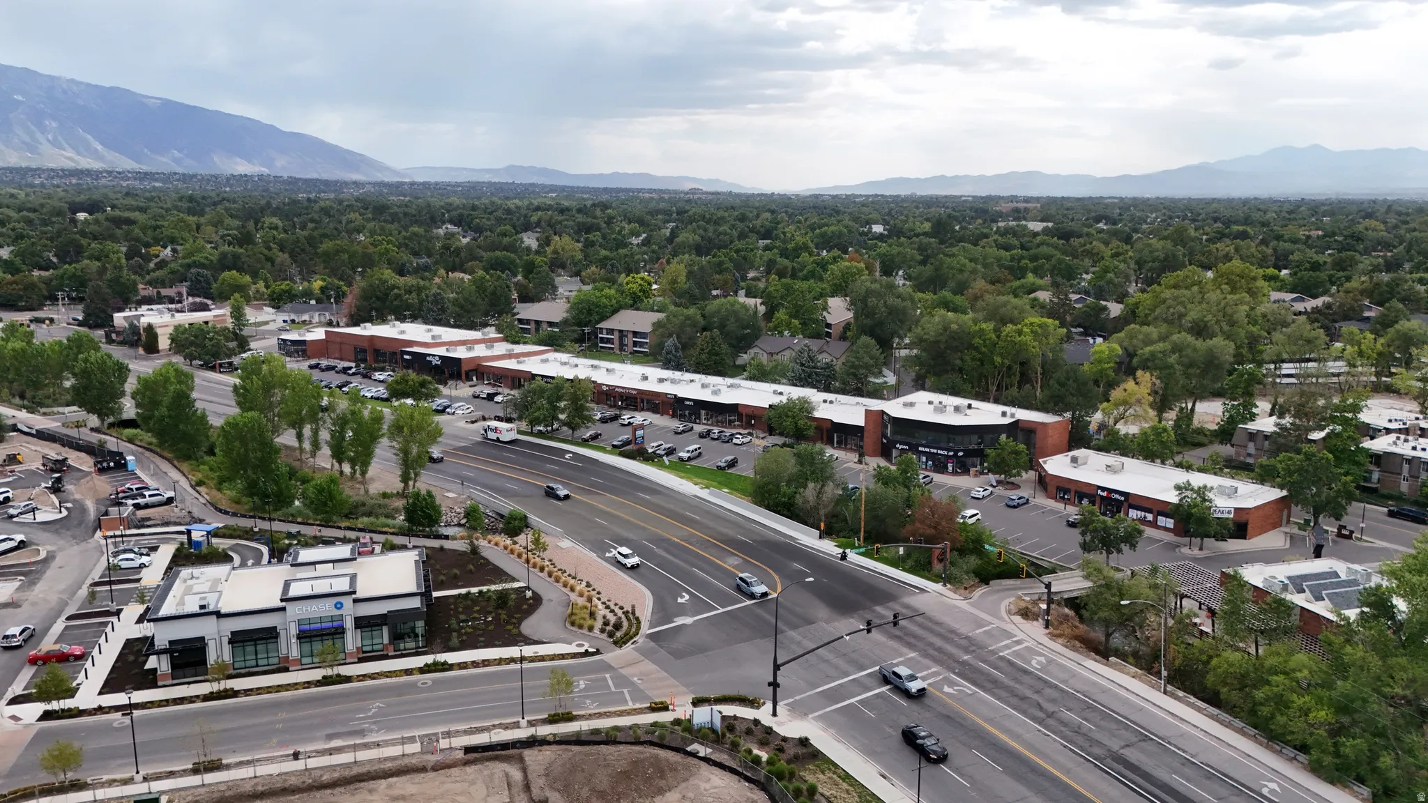 Mixed-use commercial buildings with brick and stucco exteriors