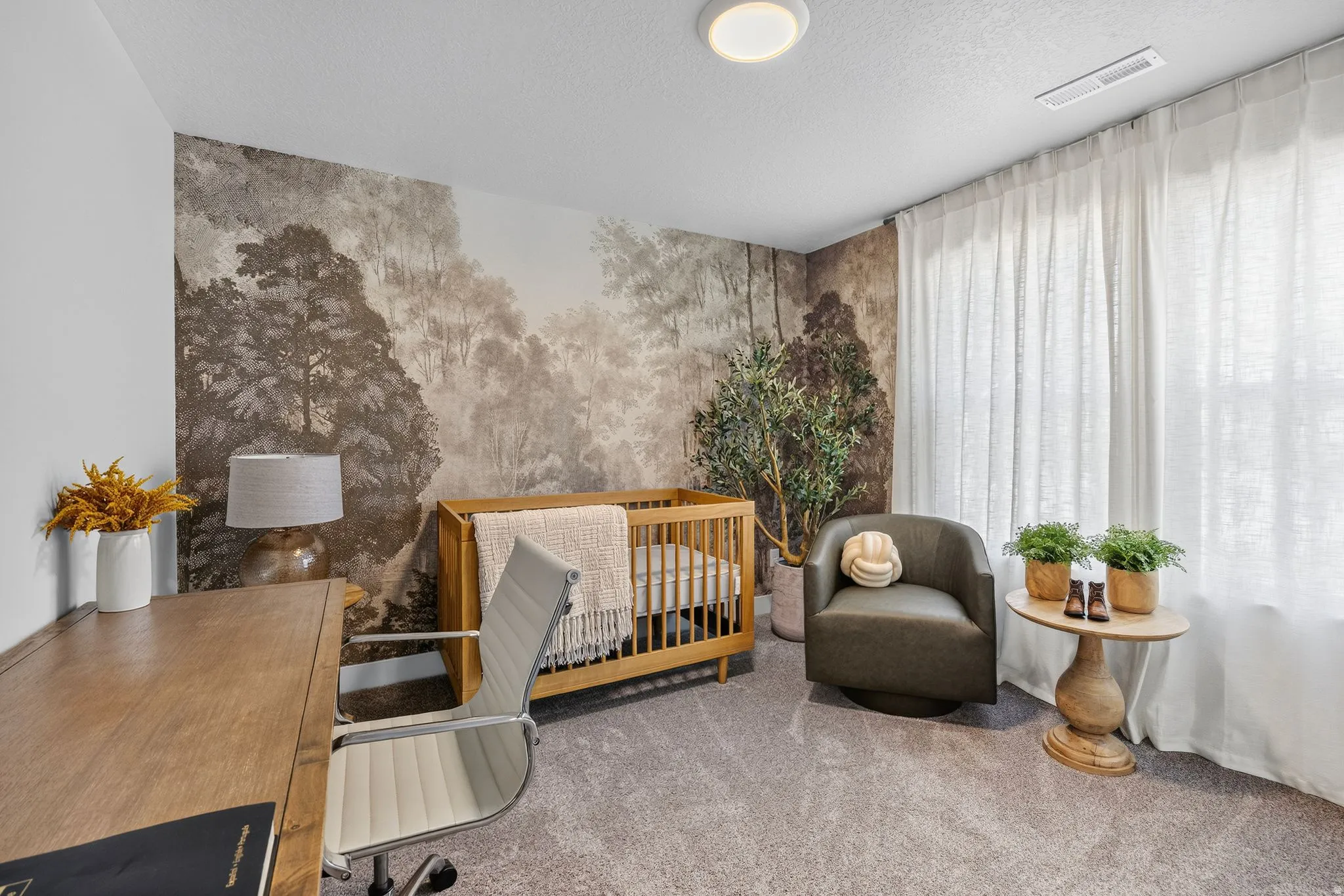 Accent wall with a serene mural, light-colored carpeting, and light-filtering drapes