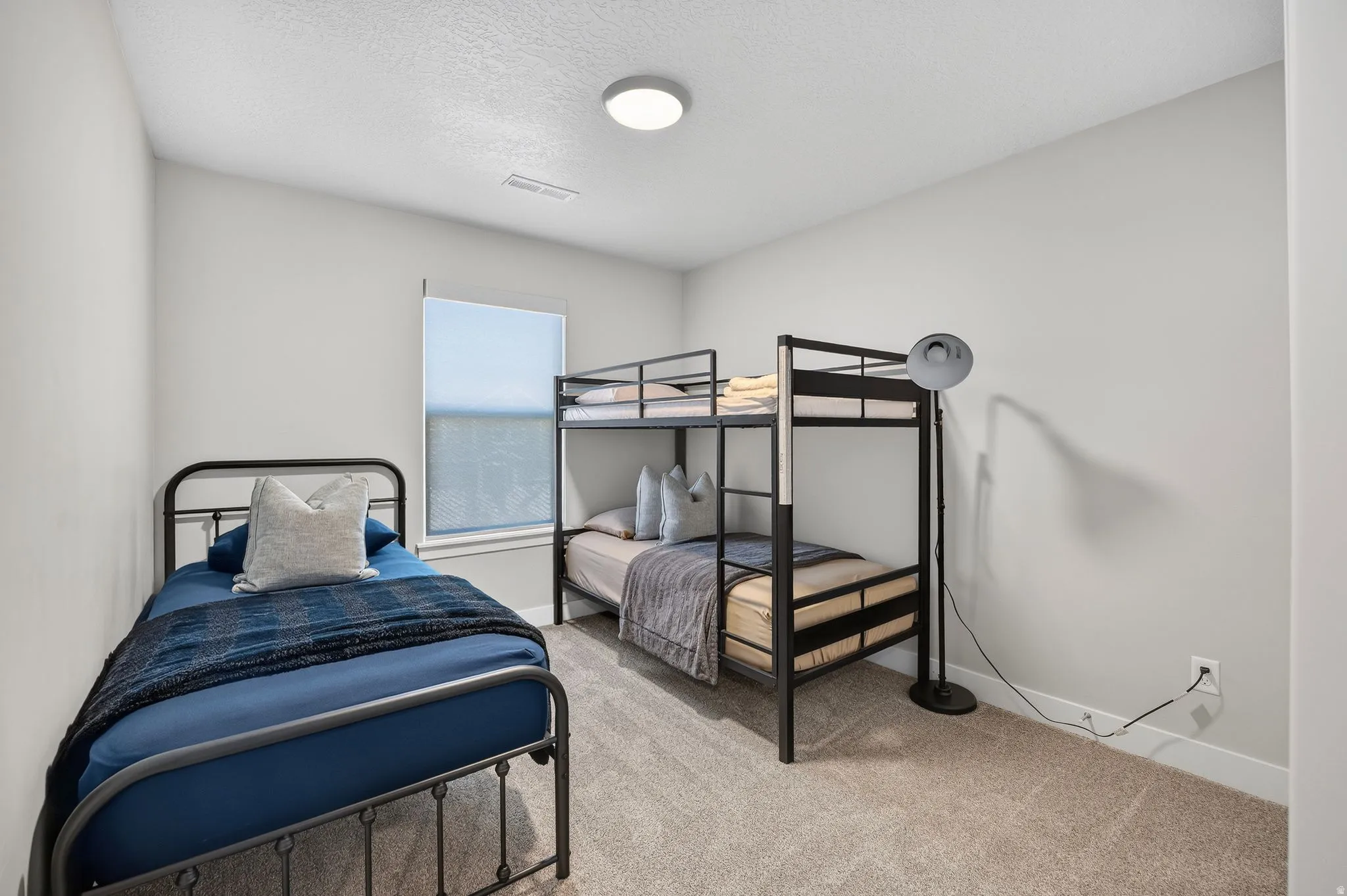 Carpeted bedroom with a single window, overhead flush-mount lighting, and light gray walls