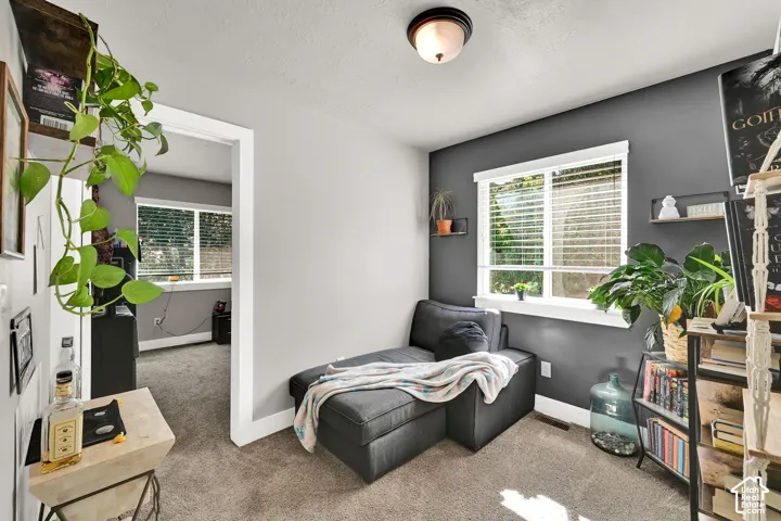 Hallway upstairs that lead to the bedrooms. Recessed lighting fixture, textured carpeting, large window with blinds, and white trim