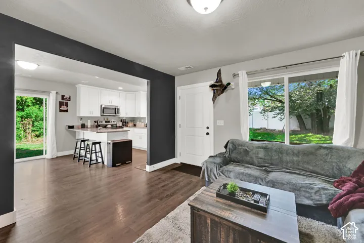 Open-concept living space featuring wood-finish flooring, white cabinetry, stainless steel appliances, and sliding glass doors