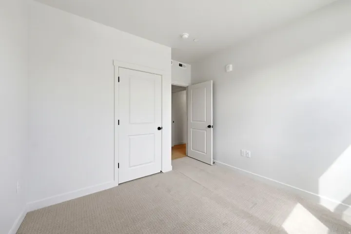 Neutral-toned carpet flooring, white walls, and white trim