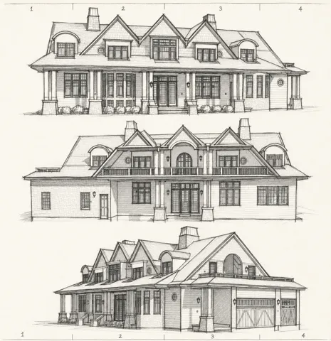 Architectural Renderings. Presenting various exterior perspectives of the property