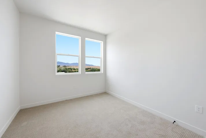 Neutral carpeting, white painted walls, and twin windows