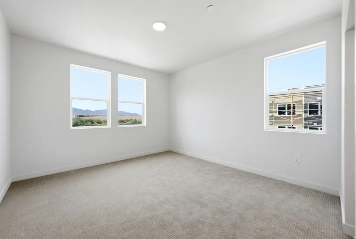 Recessed ceiling lighting, multiple large windows, neutral wall finishes, and carpet flooring