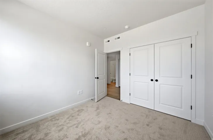 Neutral-toned carpet flooring, white paneled doors, and ceiling-mounted light fixture