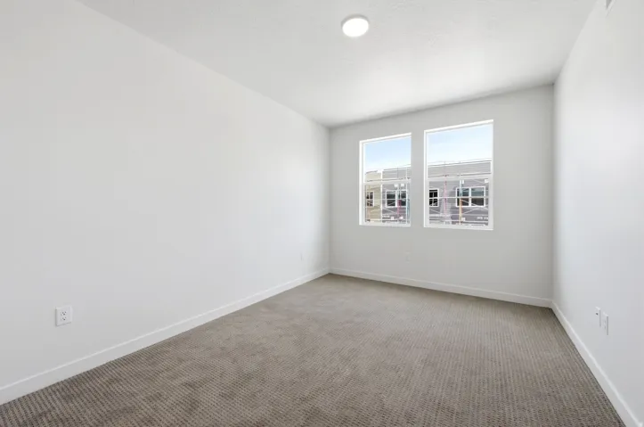 Neutral white wall paint, two bright windows, flush mount ceiling light, and gray patterned carpet