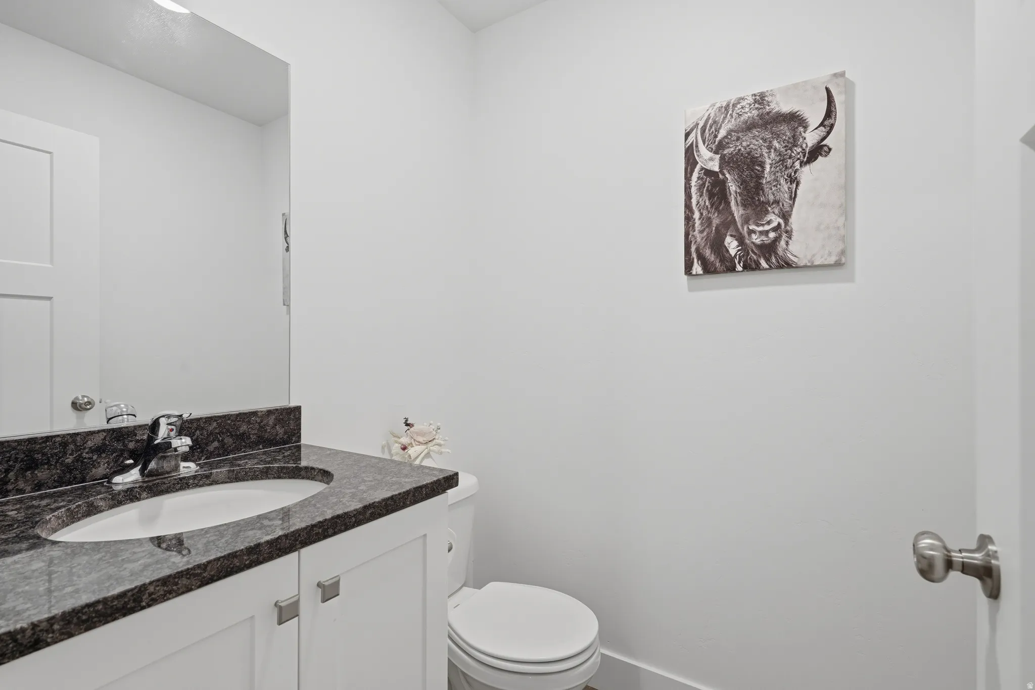 White vanity with storage, integrated sink, dark mottled countertop, and chrome faucet