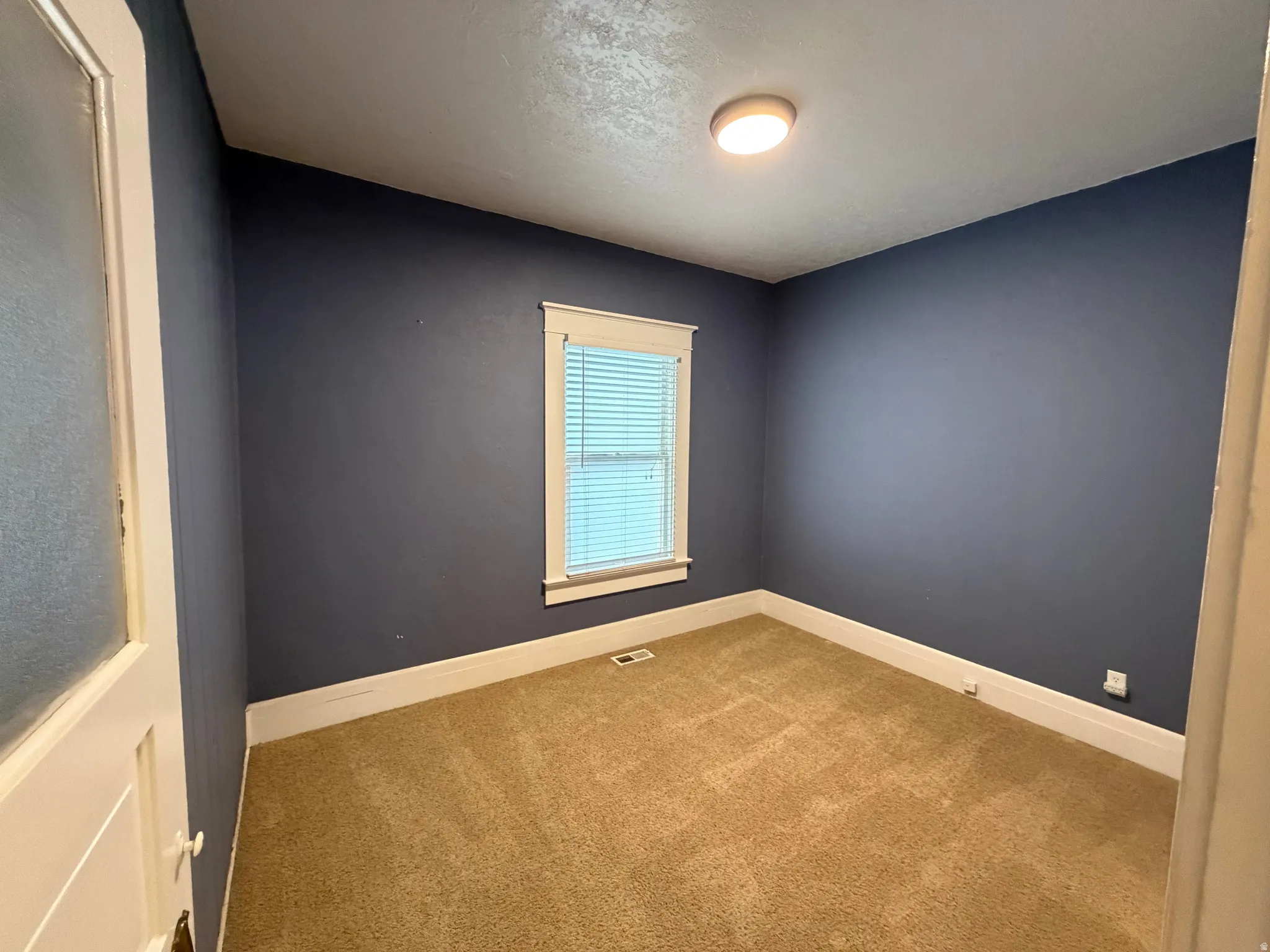 Neutral-toned carpeting, painted walls, and a window with blinds