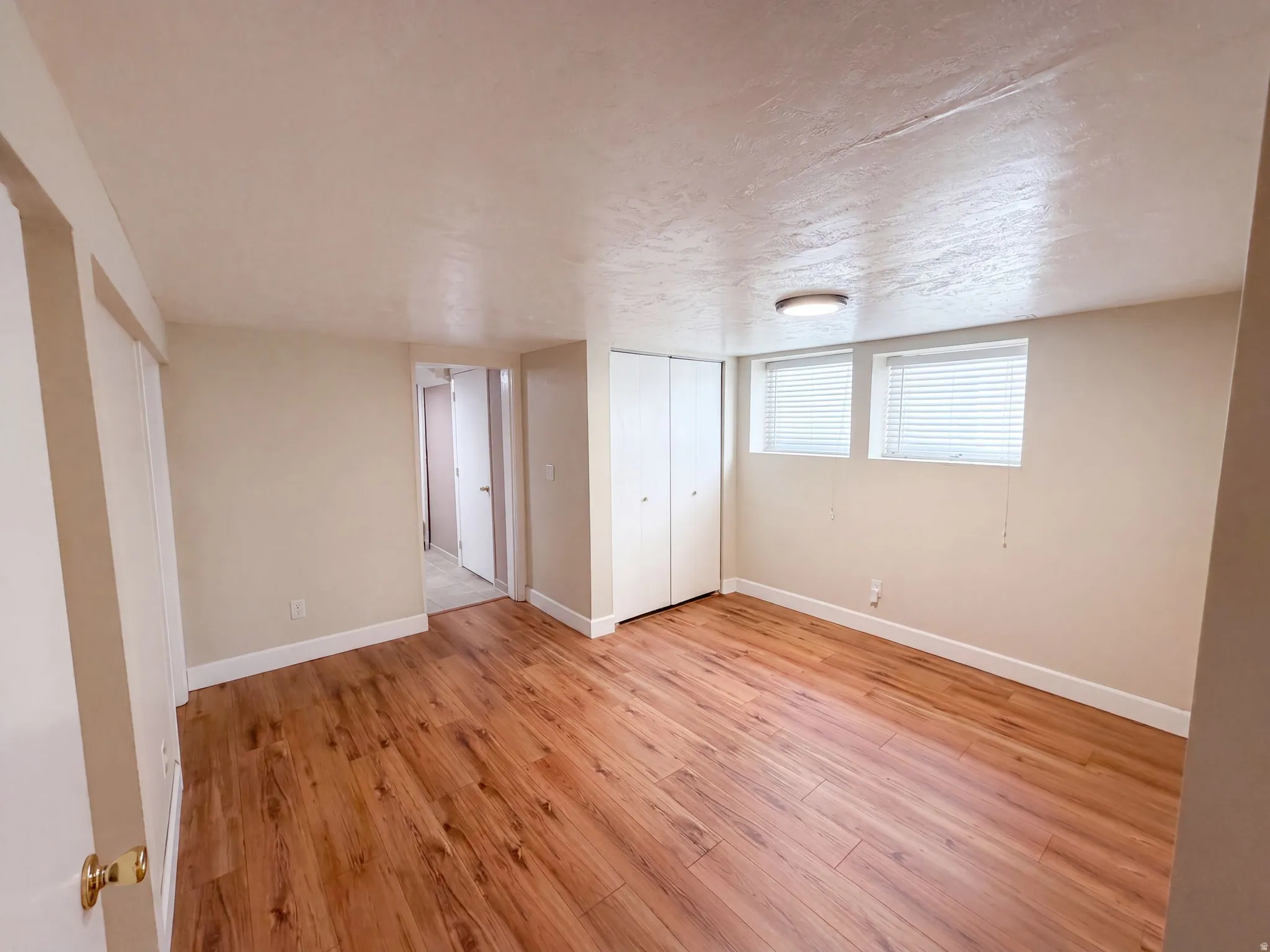 Wood-finish flooring, white walls, two windows with blinds, and built-in closet doors