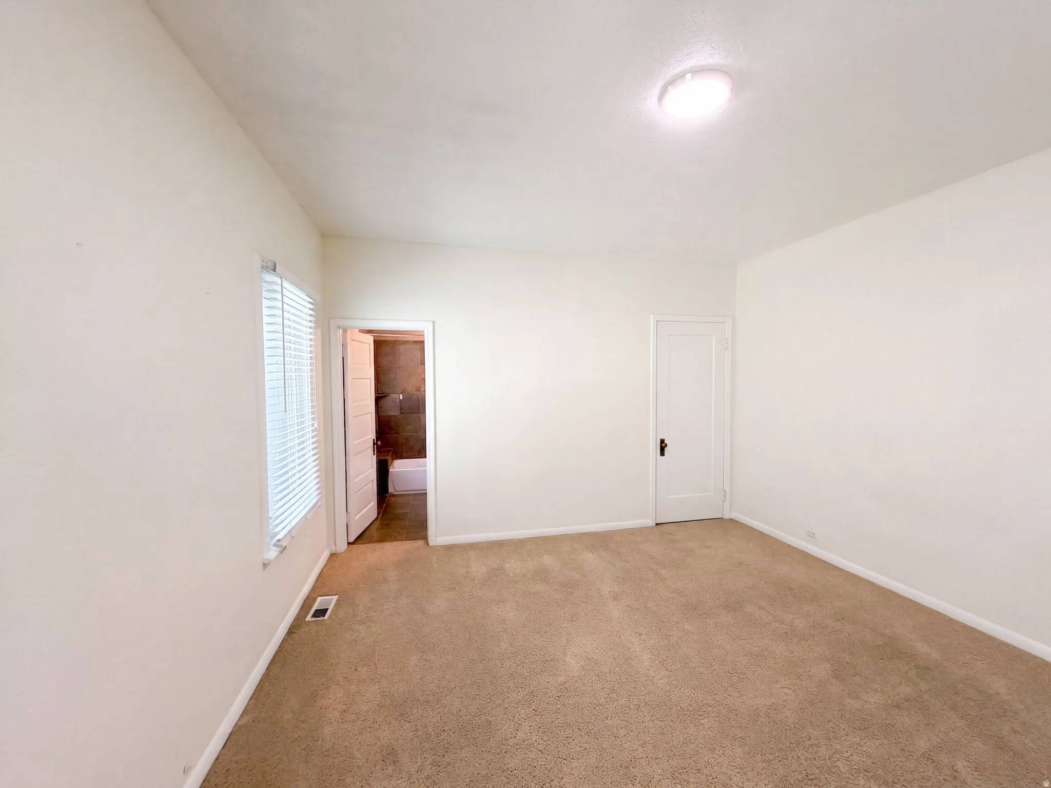 Neutral wall paint with carpet flooring, window with blinds, and ceiling-mounted light fixture