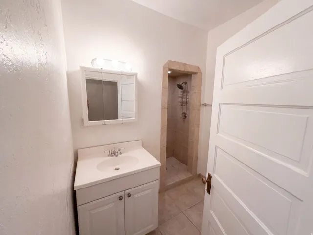 White vanity with integrated sink, chrome faucet, medicine cabinet with mirrored doors, and a tiled shower stall