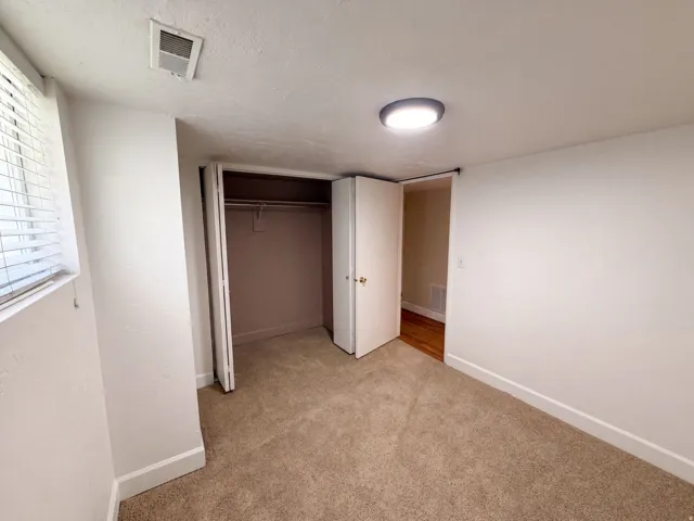 Spacious bedroom featuring neutral wall finishes, carpeted flooring, and abundant natural light from a window